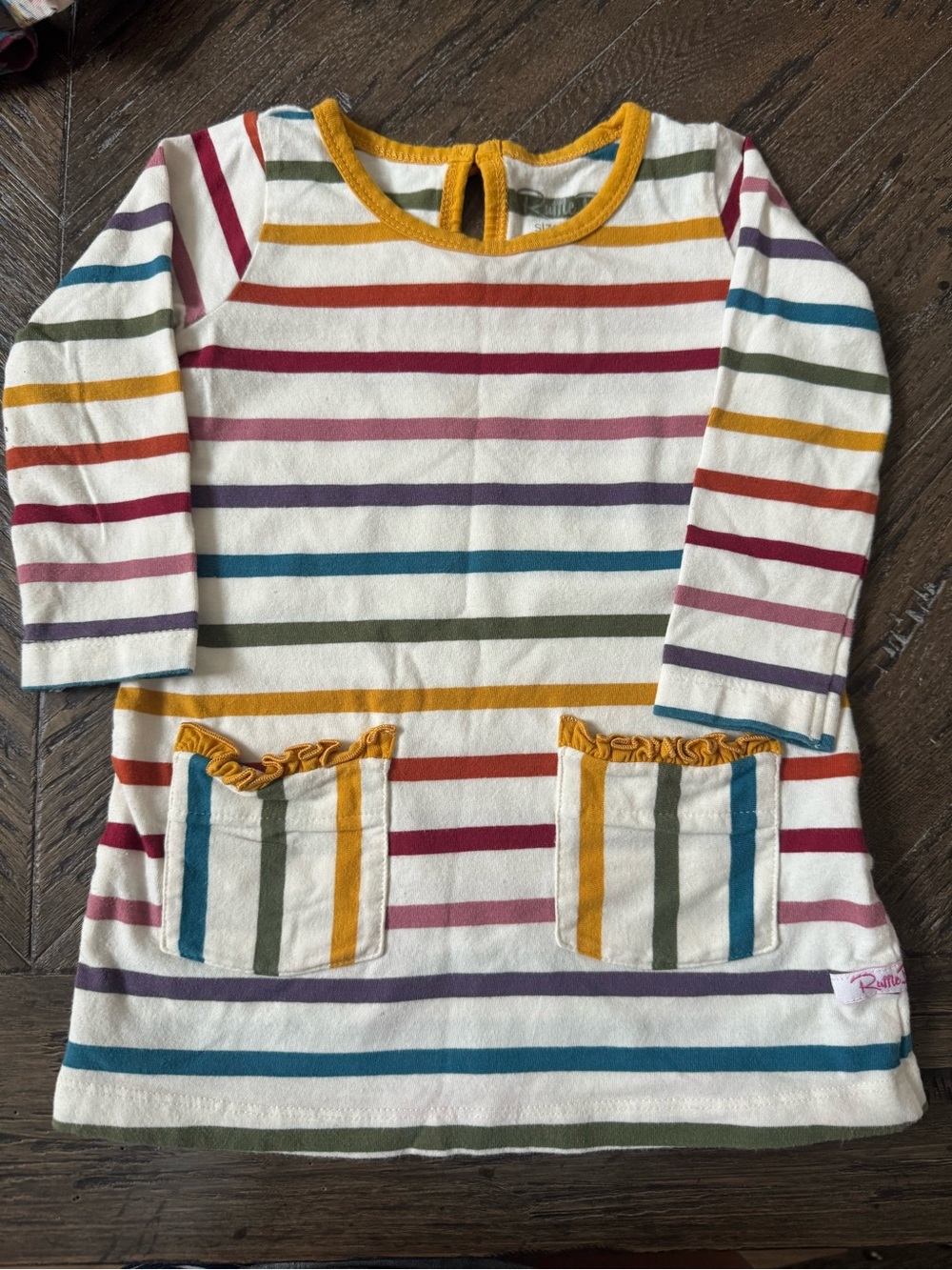 Ruffle Butts Cream Dress with Multicolor Stripes and Mustard Trim